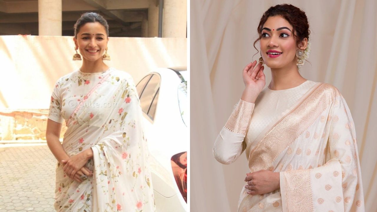 कायमच कॉटनची साडी नेसण्याऐवजी सॅटिन किंवा शिफॉन फॅब्रिकमधील पांढऱ्या रंगाची साडी नेसावी. या लुकमध्ये तुम्ही उठावदार आणि सुंदर दिसाल. 