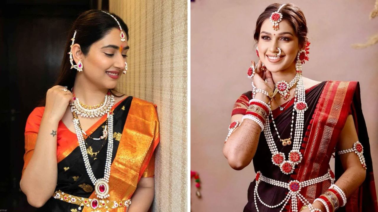 काळ्या रंगाच्या साडीवर पांढऱ्या रंगाच्या हलव्याच्या बांगड्या शोभून दिसतील. यामुळे सौंदर्यात भर पडेल. काळ्या रंगाच्या साडीवर हिरवा चुडा घालण्याऐवजी हलव्याच्या बांगड्या घालाव्यात.