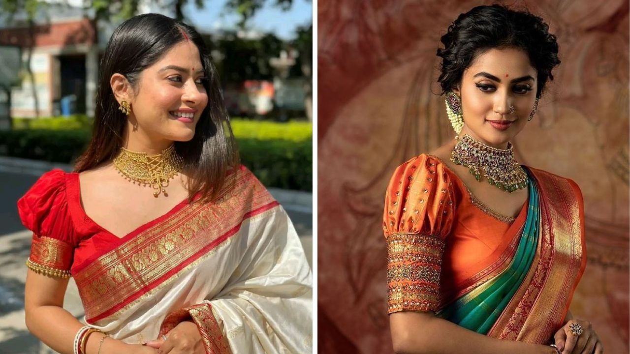 कांजीवरम सिल्क किंवा सिल्कच्या कोणत्याही पैठणी साडीवर लांब हातांचे पफ स्लिव्ह्ज असलेले ब्लाऊज तुम्ही शिवून घेऊ शकता. यावर आरी वर्क किंवा स्टोन वर्क केल्यास ब्लाऊजचा लुक पूर्णपणे बदलून जाईल. 