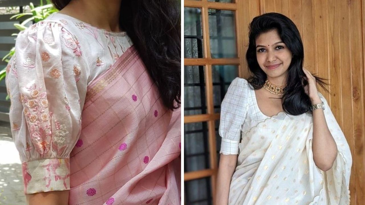 कॉटनच्या साडीवर तुम्ही या पॅर्टनचे पफ स्लीव्हज ब्लाऊज शिवून घेऊ शकता. सध्या पफ स्लीव्हज ब्लाऊजची मोठी क्रेझ वाढली आहे. 