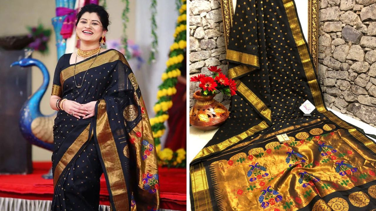 महाराष्ट्राचे महावस्त्र म्हणून ओळखली जाणारी पैठणी साडी सणावाराच्या दिवशी खुलून दिसते. त्यामुळे तुम्ही काळ्या रंगाची येवला किंवा मुनिया पैठणी खरेदी करू शकता.