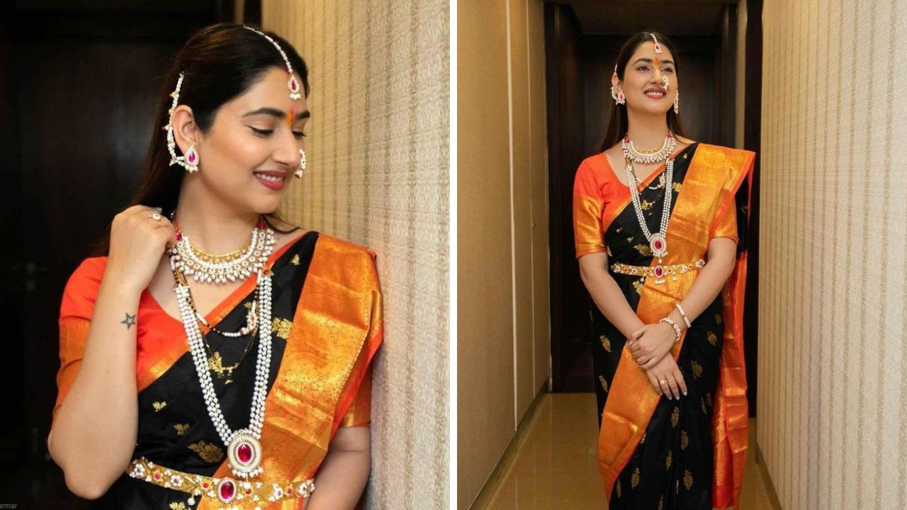 काळ्या रंगावर लाल किंवा नारंगी रंगाचे कॉम्बिनेशन उठावदार दिसते. त्यामुळे इतरांपेक्षा हटके आणि स्टायलिश लुक हवा असेल तर तुम्ही या डिझाईनची काठपदर साडी खरेदी करू शकता.