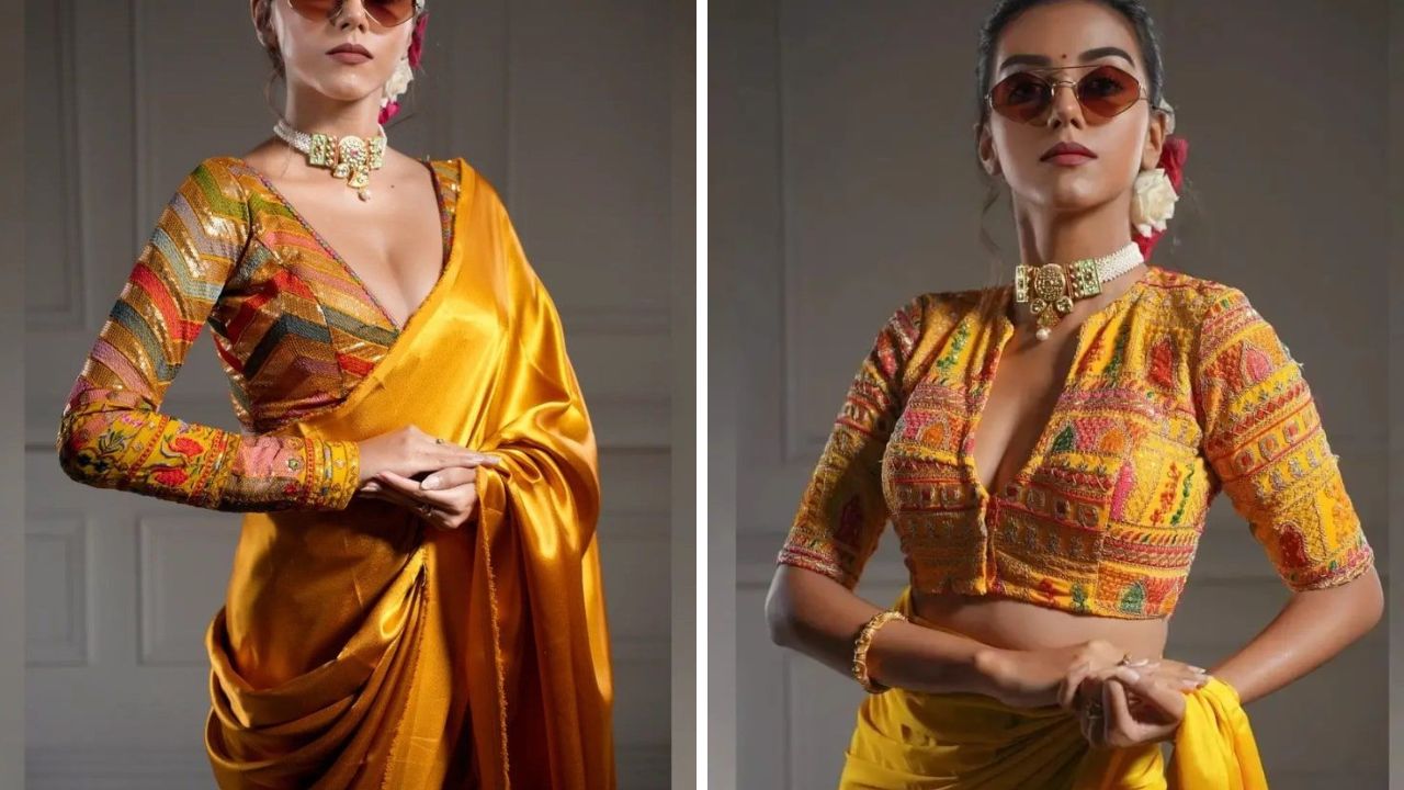 कोणत्याही सॉलिड रंगाच्या साडीवर तुम्ही या डिझाईनचे आणि रंगांचे ब्लाऊज घालू शकता. फ्लोरल, जिओमेट्रिक, अज्राख किंवा कलमकारी प्रिंट्स असलेले ब्लाऊज कोणत्याही साडीवर घालू शकता. 