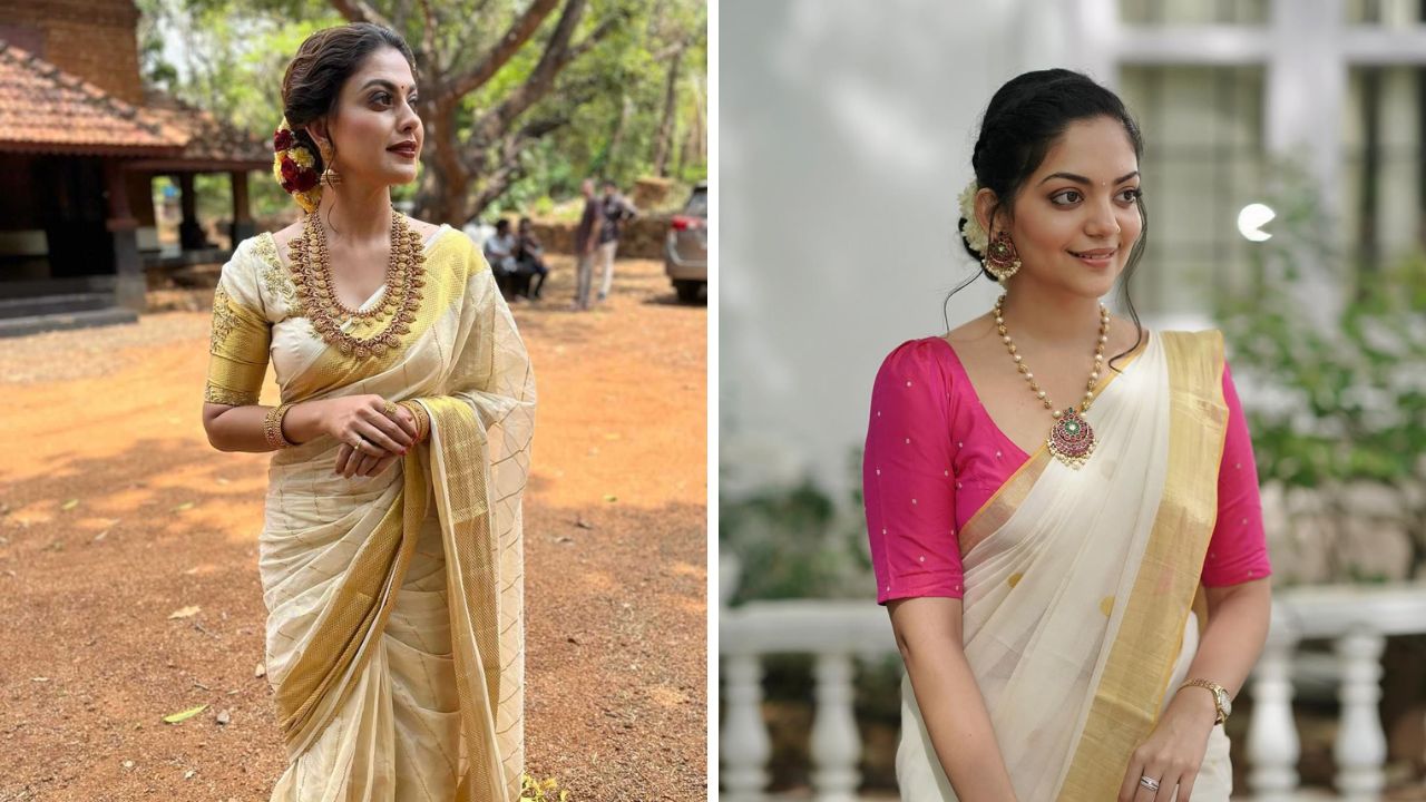 ओणम किंवा लग्न समारंभात कसावू साडी नेसली जाते. पांढऱ्या रंगाच्या उठावदार साडीवर सोनेरी जरीचे विणकाम केले जाते. कसावू साडीवर तुम्ही कोणत्याही रंगाचे ब्लाऊज घालू शकता. 