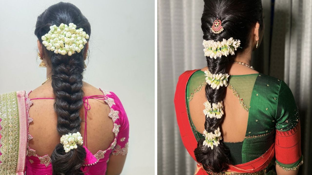 लांब केस असलेल्या महिला वेणी हेअर स्टाईल करण्यास जास्त प्राधान्य देतात. मोगऱ्याच्या फुलांचा गजरा वापरून या पद्धतीने हेअर स्टाईल केल्यास साऱ्यांच्या नजरा तुमच्यावर जातील.