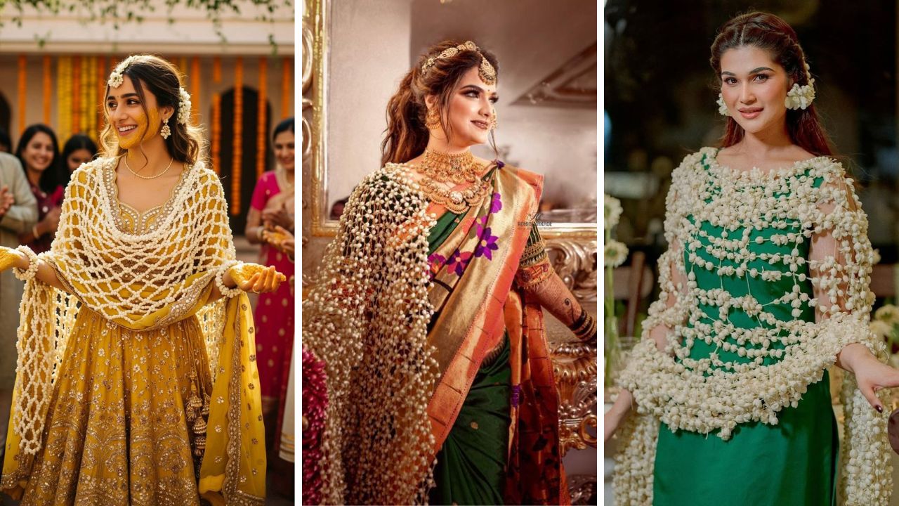 हळदीच्या साडीवरील लुक मनमोहक करण्यासाठी परिधान करा मोगऱ्याच्या फुलांचा दुप्पटा, पहा हळदी स्पेशल ओढणी