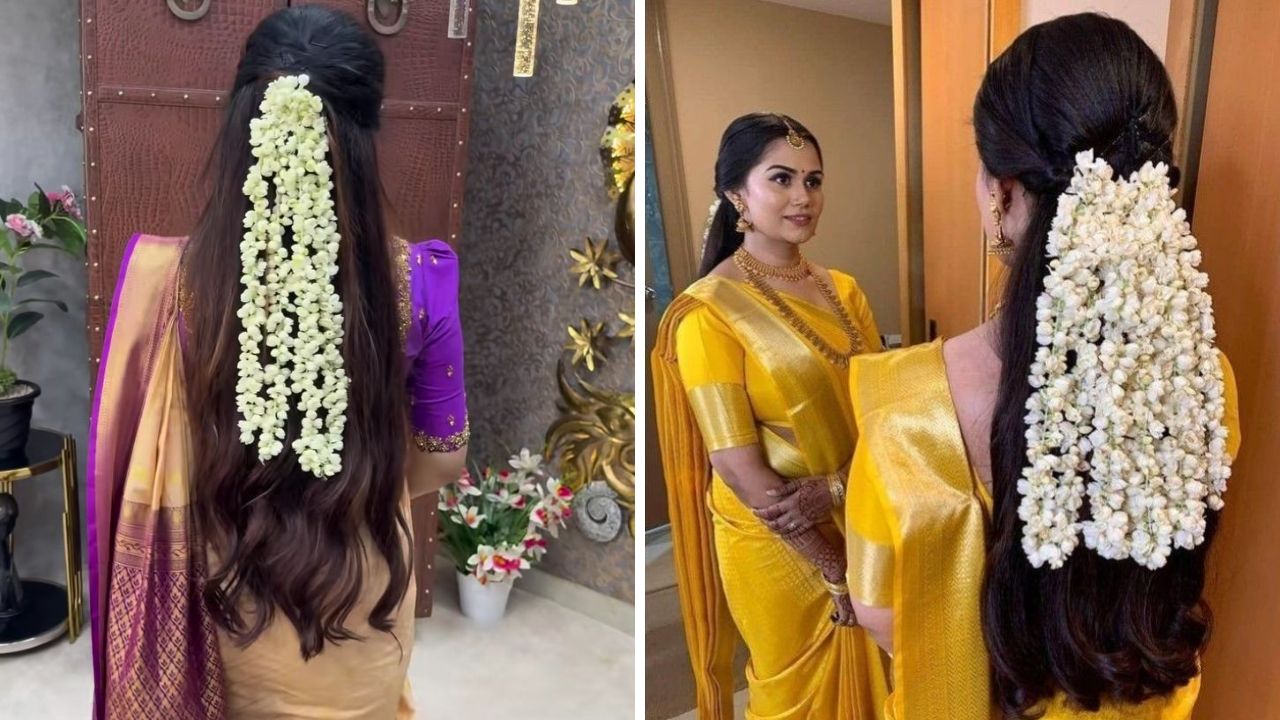 अनेकांना केस मोकळे ठेवायला खूप जास्त आवडतात. केस मोकळे ठेवून केसांमध्ये मोगऱ्याचा फुलांचा गजरा माळाल्यास लुक स्टायलिश दिसेल.