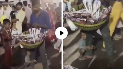 जत्रेतील अनोखं दृश्य! झोप ऐकेना, वडिलांनाही सोडवेना… चिमुकल्याने बापाच्या पायाला बिलगुनच घेतली वामकुक्षी; Video Viral