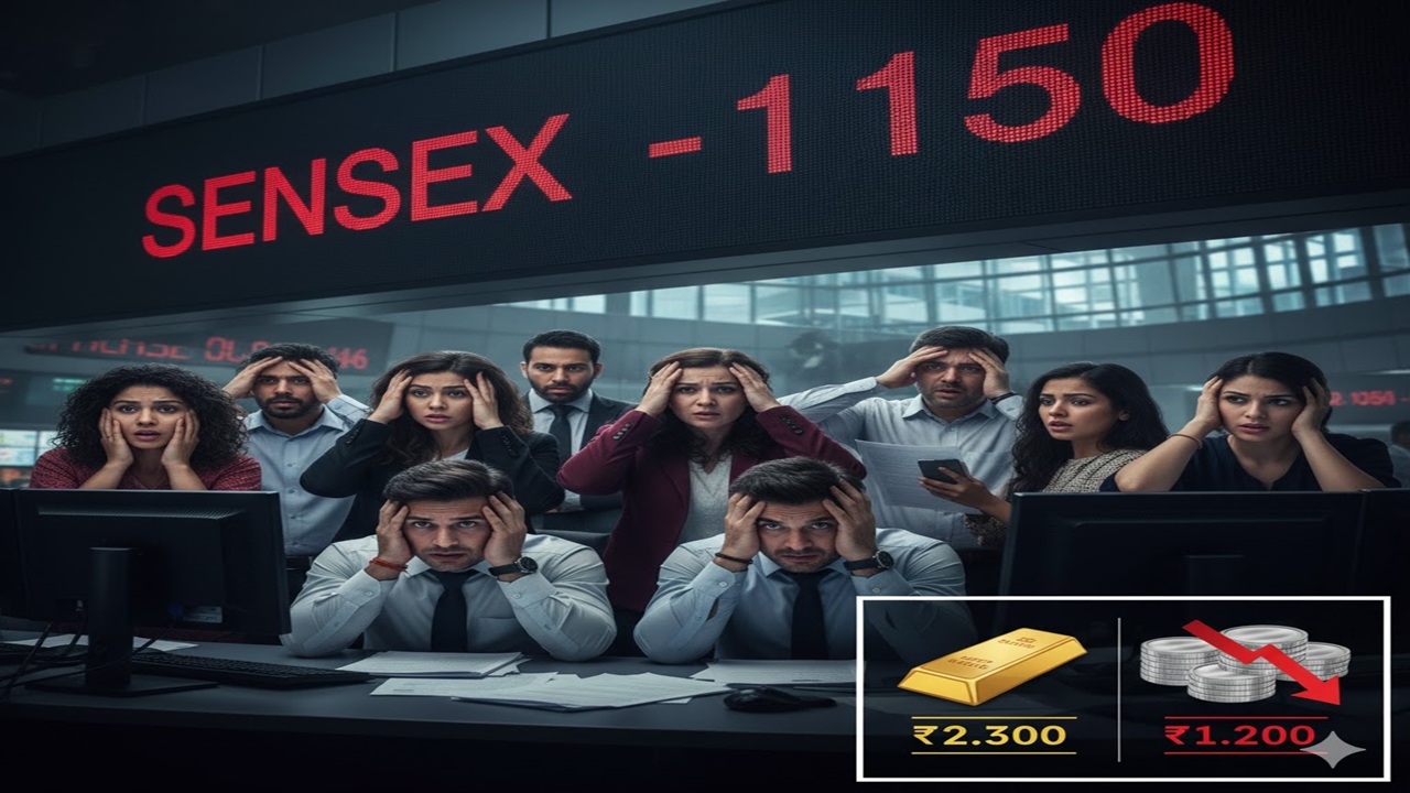 गुंतवणूकदारांचे लाखो कोटी रुपये बुडाले…! शेअर बाजारात Sensex 1150 अंकांनी घसरला, सोनं-चांदीच्या किंमतीचं काय?