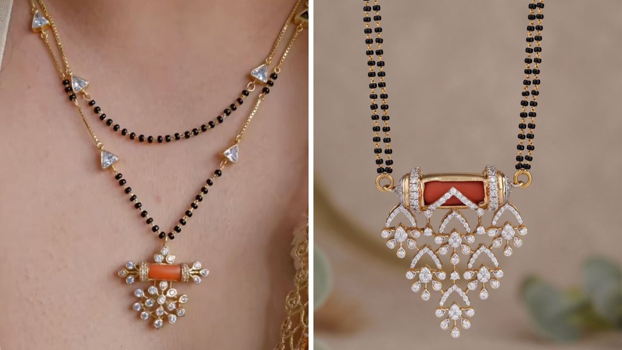 साऊथ इंडियन डिझाईनमध्ये सुद्धा डायमंड मंगळसूत्र उपलब्ध आहेत. यामुळे गळा उठावदार दिसतो. मंगळसूत्रामध्ये असलेले नारंगी मणी गळ्याची शोभा वाढवतात. 