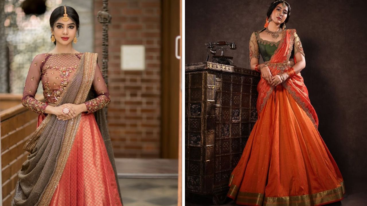 मोठे काठ असलेले लेहेंगा किंवा साडी कोणत्याही कार्यक्रमात शोभून दिसते. हाफ साडीवर डिझाईन ब्लाऊज आणि कांजीवरम सिल्क साडीचा लेहेंगा घातल्यास लग्नात तुमचा लुक मॉर्डन आणि पारंपरिक दिसेल. 