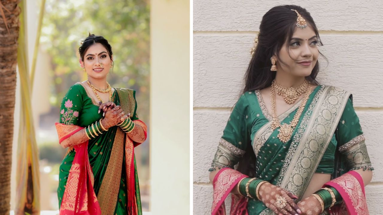 हिरवा रंग मनाला शांतता देतो. त्यामुळे साखरपुड्यात तुम्ही हिरव्या रंगाची पैठणी, बनारसी, कांजीवरम किंवा सिल्क साडी सुद्धा परिधान करू शकता.