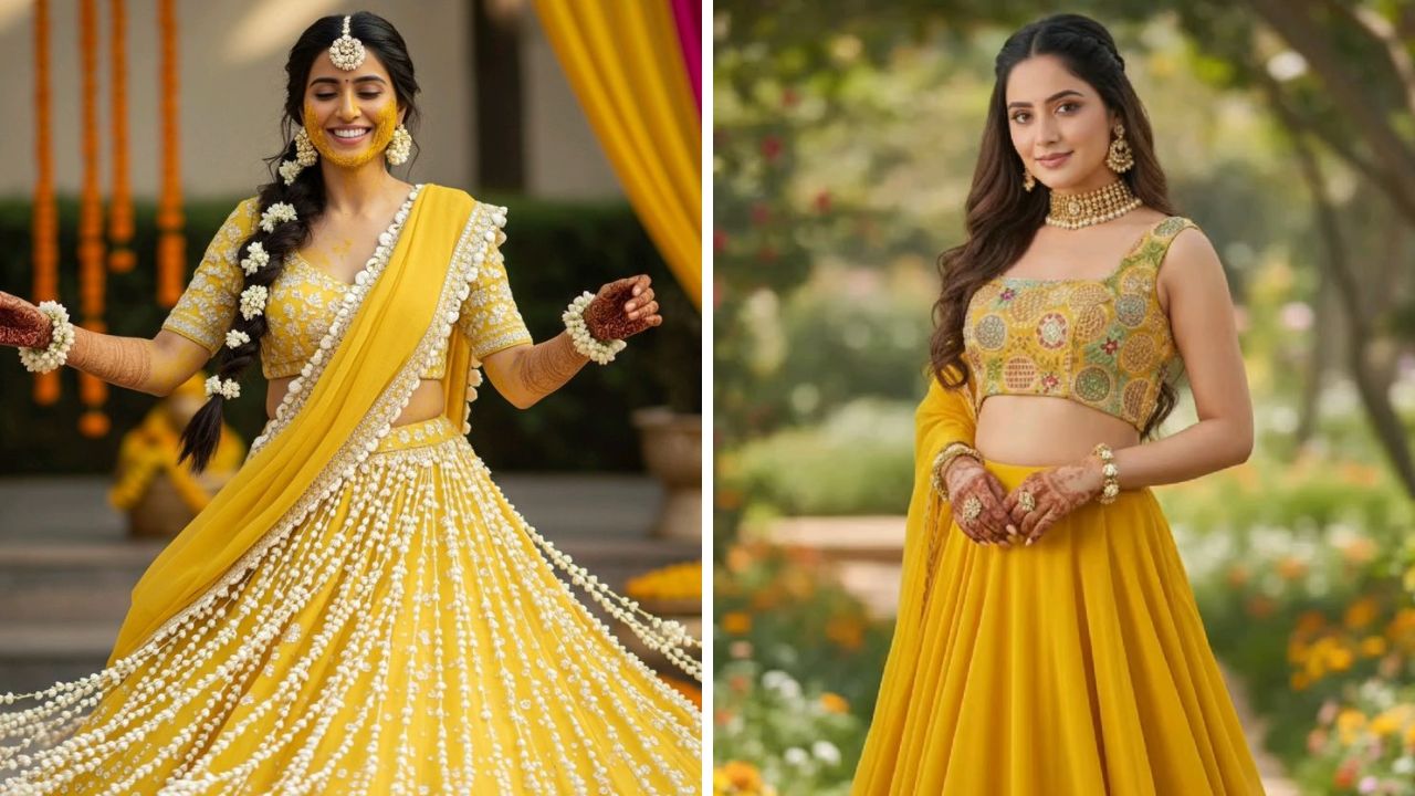 काहींना हळदी सोहळ्यात साडीशिवाय वेगळा आणि हटके लुक हवा असतो, अशावेळी तुम्ही पिवळ्या रंगाचा लेहेंगा परिधान करून त्यावर बारीक फुलांचे दागिने परिधान करू शकता.