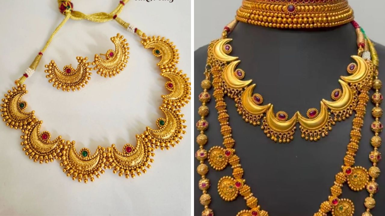 कपाळावर लावलेली चंद्रकोर टिकली ज्याप्रमाणे सौंदर्यात भर घालते तेवढाच सुंदर चंद्रकोर नेकलेस सुद्धा दिसतो. त्यामुळे लग्नातील नऊवारी साडीवर तुम्ही या डिझाईनचा भरगच्च चंद्रकोर नेकलेस घालू शकता.