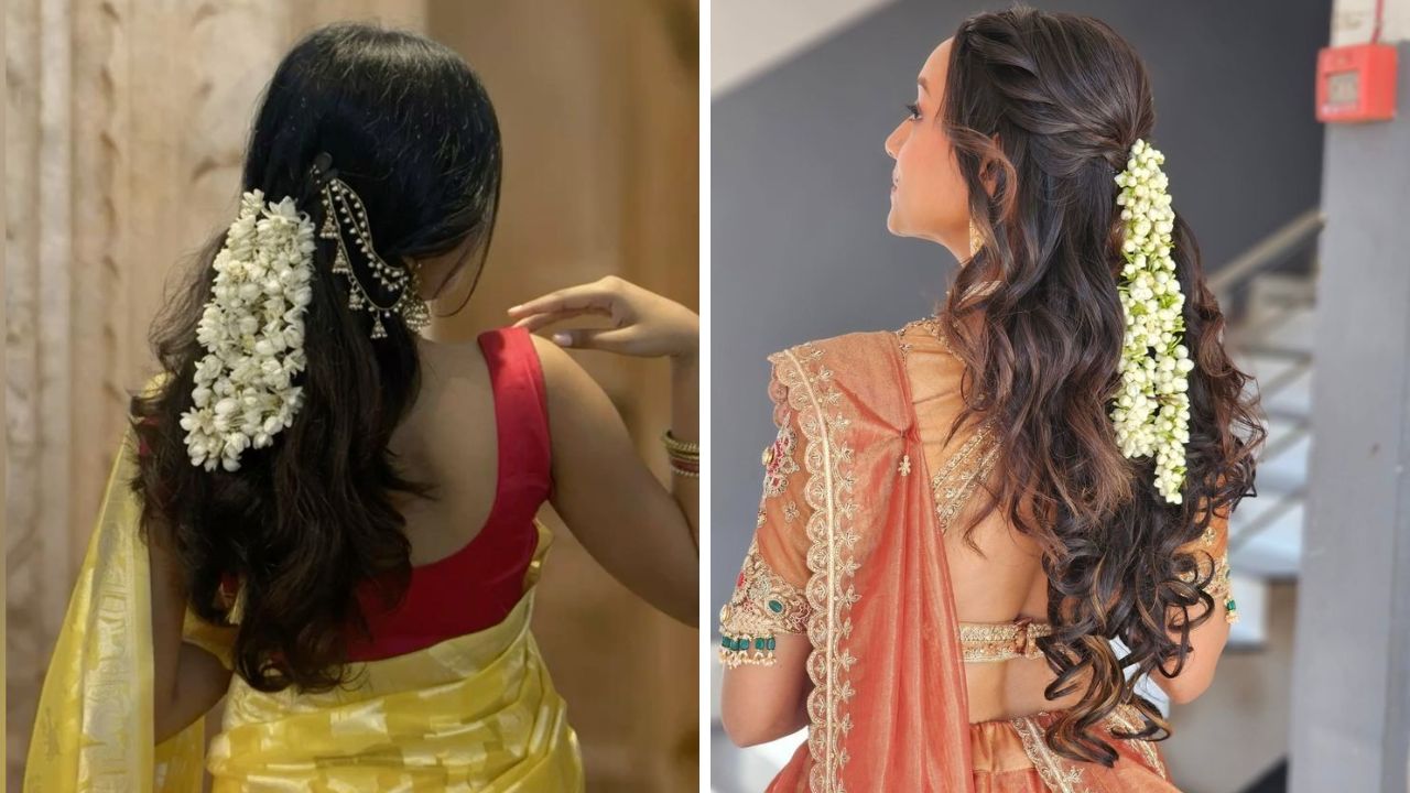 साडी नेसल्यानंतर अनेकांना कुरळ्या केसांची हेअर स्टाईल करायला खूप जास्त आवडते. अशावेळी केसांची हेअर स्टाईल करून या पद्धतीने पांढऱ्या फुलांचा गजरा आणि कानवेल लावल्यास केस अतिशय आकर्षक मनमोहक दिसतील.