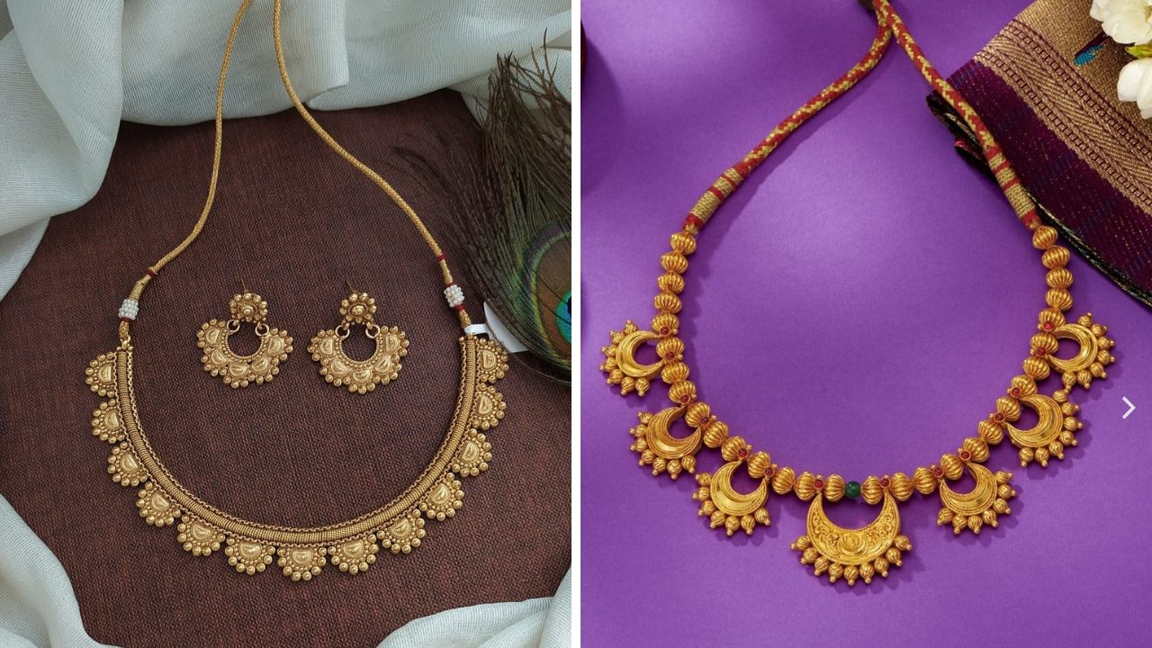 मॉडर्न आणि परंपरा यांचा सुरेख संगम असलेला या पद्धतीचा चंद्रकोर नेकलेस कोणत्याही साडी किंवा लेहेंग्यावर उठावदार दिसेल. सोन्याच्या दागिन्यांमध्ये सुद्धा तुम्ही या डिझाईनचा चंद्रकोर नेकलेस बनवून घेऊ शकता.