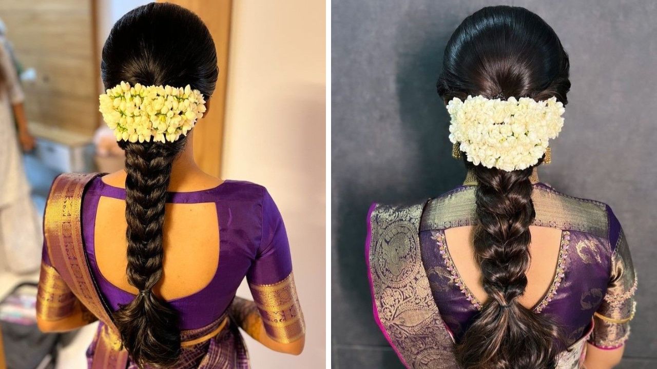 काहींची केस खूप जास्त जाड असतात. अशांची केसांची कायमच वेणी घातली जाते. वेणी घातल्यानंतर केसांच्या मध्यभागी गजरा किंवा इतर कोणतीही फुले लावल्यास साडीवरील लुक सुंदर दिसेल.