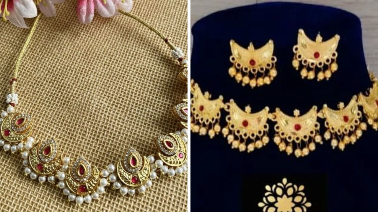 चंद्राच्या कोरीसारखा नाजूक आणि आकर्षक आकार असलेले चंद्रकोर नेकलेस नऊवारी साडीवर शोभून दिसेल. हल्ली वेगवेगळ्या मणी आणि नाजूक डिझाईनच्या चंद्रकोरीचा वापर करून सुंदर दागिने बनवले जातात.