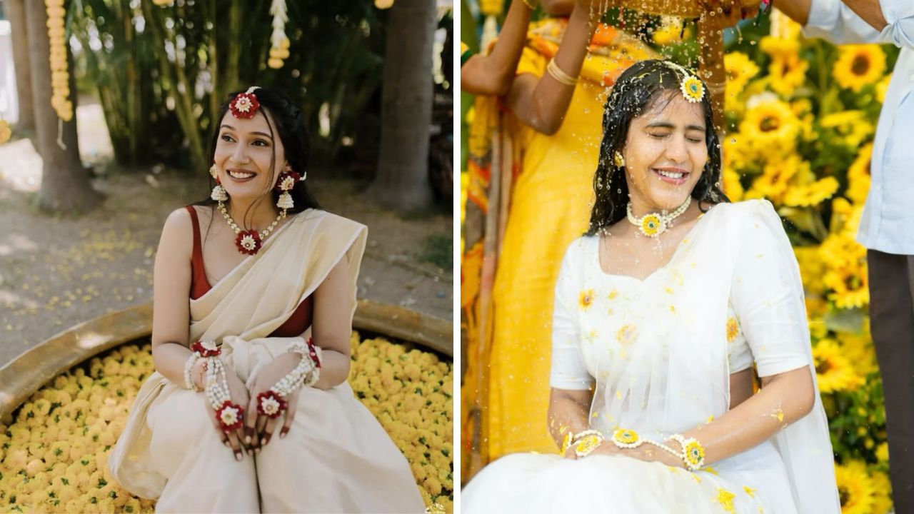 काहींना हळदी सोहळ्यात पिवळ्या रंगाची साडी नको असते. अशावेळी तुम्ही पांढऱ्या रंगाच्या साडीवर कॉन्ट्रास्ट ब्लाऊज परिधान करत सुंदर लुक करू शकता.