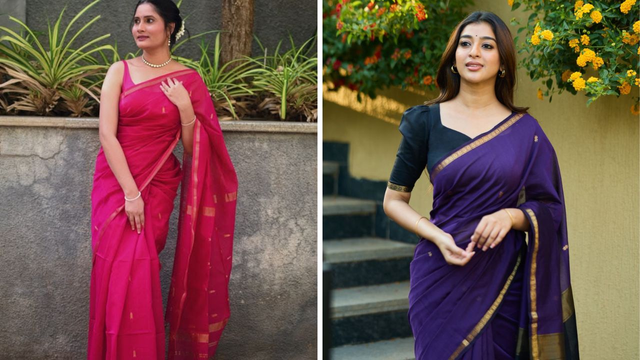 माहेश्वरी साड्या एक रंगांसोबतच कॉट्रॅस्टमध्ये सुद्धा उपलब्ध आहेत. साडीवर विणलेली पारंपरिक बुट्टी आणि साडीच्या काठावर असलेली कर्णफुलें नर्मदा नदीच्या काठाच्या सौंदर्याची साक्ष देतात. 