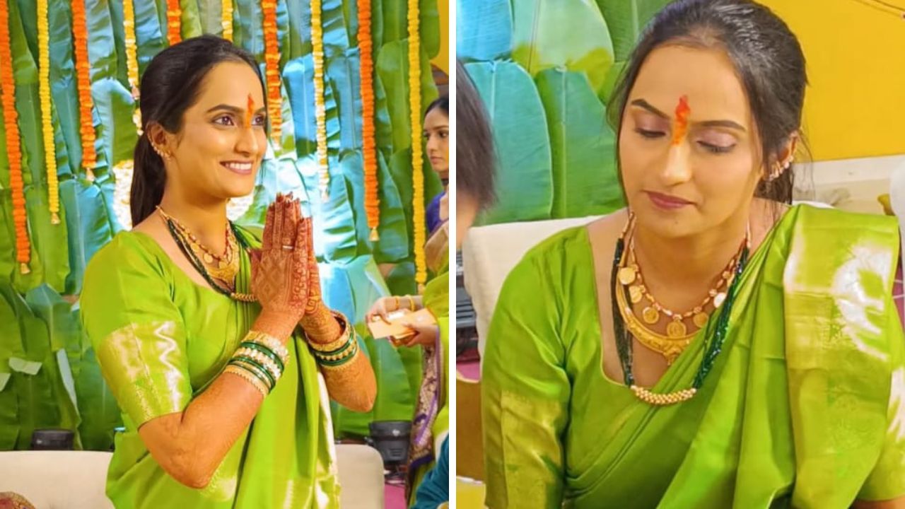 या फोटोत तिने हिरव्या रंगाचा चुडा आणि पोपटी रंगाची साडी परिधान केली आहे.सध्या तिच्या हळदीचे फोटो सोशल मीडियावर व्हायरल होत आहेत