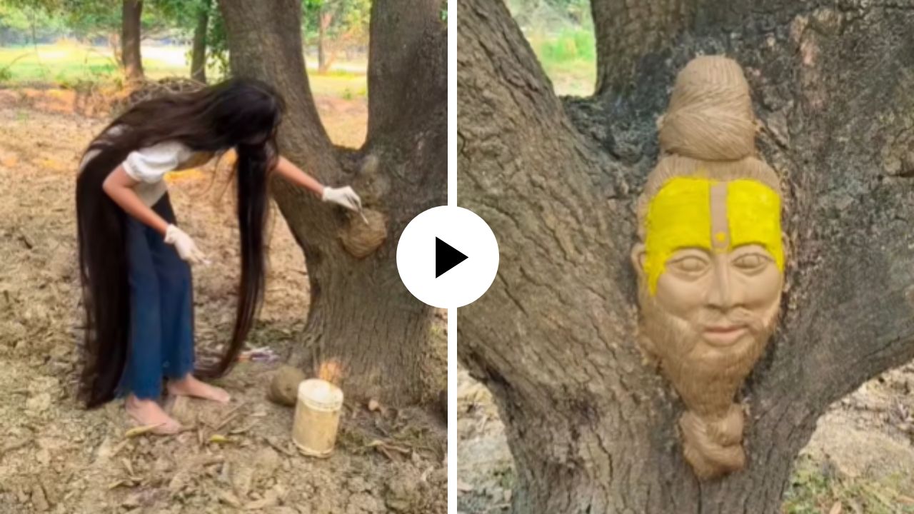 निसर्गालाच बनवले कॅनव्हस… तरुणीने झाडावर साकारली प्रेमानंद महाराजांची हुबेहूब प्रतिकृती; अद्भुत Video Viral