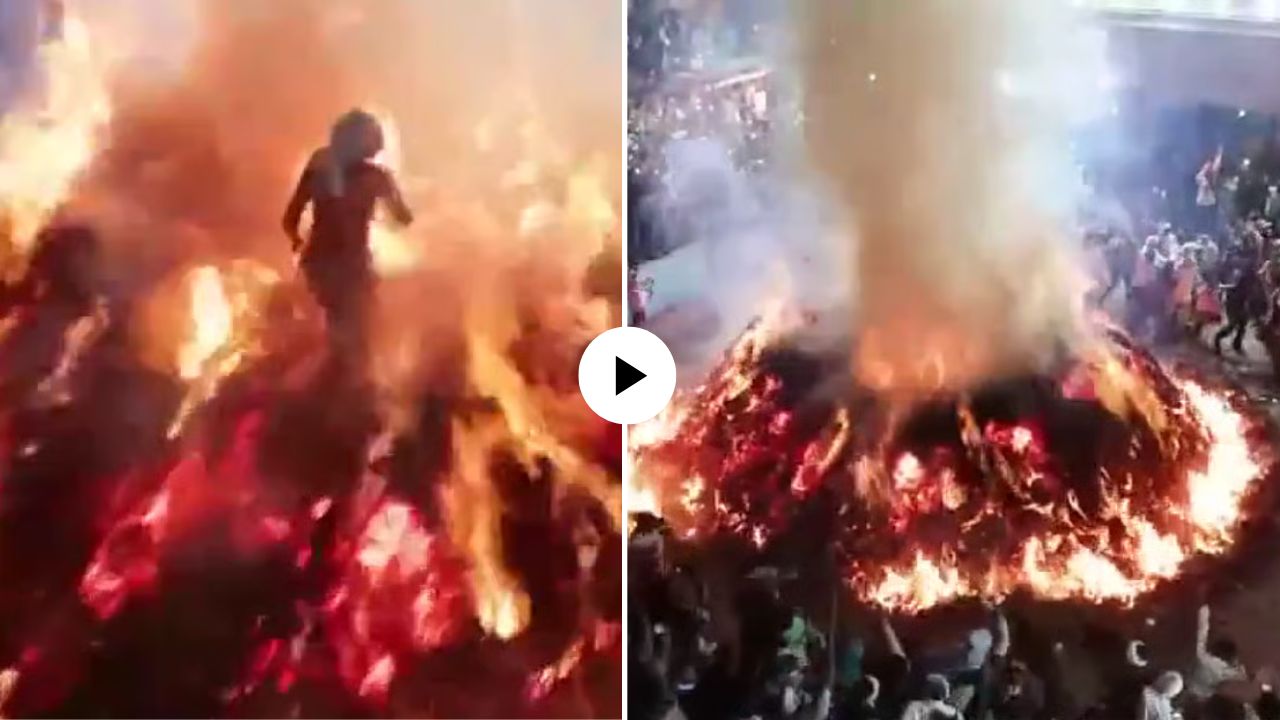मथुरेत होळीची अनोखी प्रथा! धगधगत्या आगीतून जिवंत बाहेर आला प्रल्हाद ; अंगाला चटकाही नाही, थरारक VIDEO VIRAL