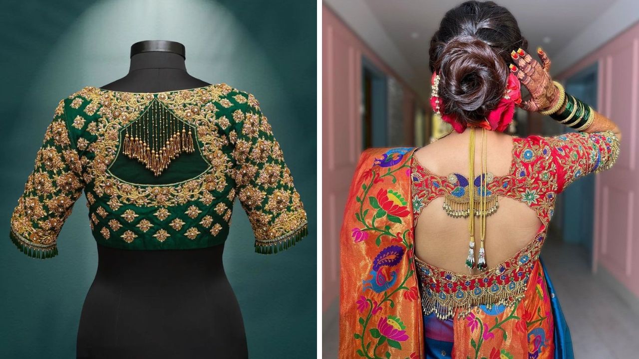 सप्तपदीच्या साडीवरील लूक हटके आणि शाही करण्यासाठी ब्लाऊजवर हेवी डिझाईन असलेले आरी वर्क करून घेऊ शकता. यामध्ये ब्लाऊजवर मोर किंवा मण्यांचे आरी वर्क डिझाईन करू शकता.