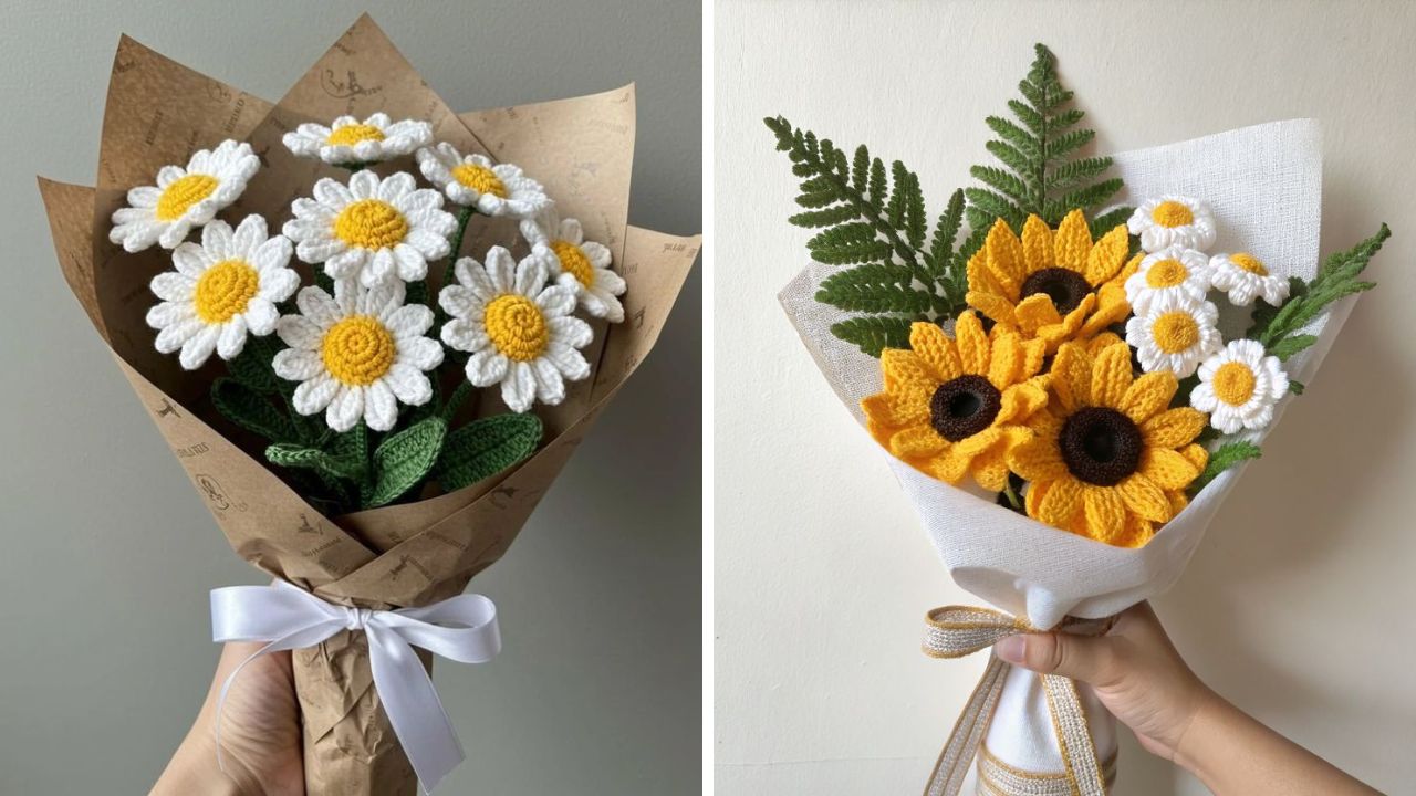 क्रोशाच्या धाग्यांपासून तयार केलेले फुलांचे गुच्छ वाढदिवस किंवा लग्नाच्या वाढदिवसाच्या दिवशी प्रियकराला भेट म्हणून देऊ शकता. वेगवेगळ्या धाग्यांचा वापर करून बनवलेली रंगीत फुले अतिशय उठावदार दिसतात. 