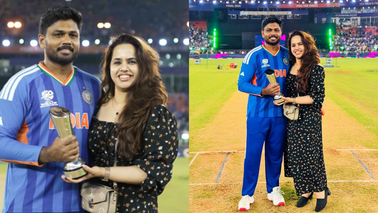 या विश्वचषकामध्ये संजू सॅमसंगचा प्रवास एका सिनेमापेक्षा कमी नव्हता. त्याला सोशल मिडियावर देखील ट्रोल करण्यात आले होते. पण यावेळी नेहमीच त्याच्या पत्नीने त्याला साथ दिली आहे, विश्वचषकामध्ये देखील त्याची पत्नी फायनलचा सामना पाहण्यासाठी आली होती. फोटो सौजन्य - सोशल मिडिया