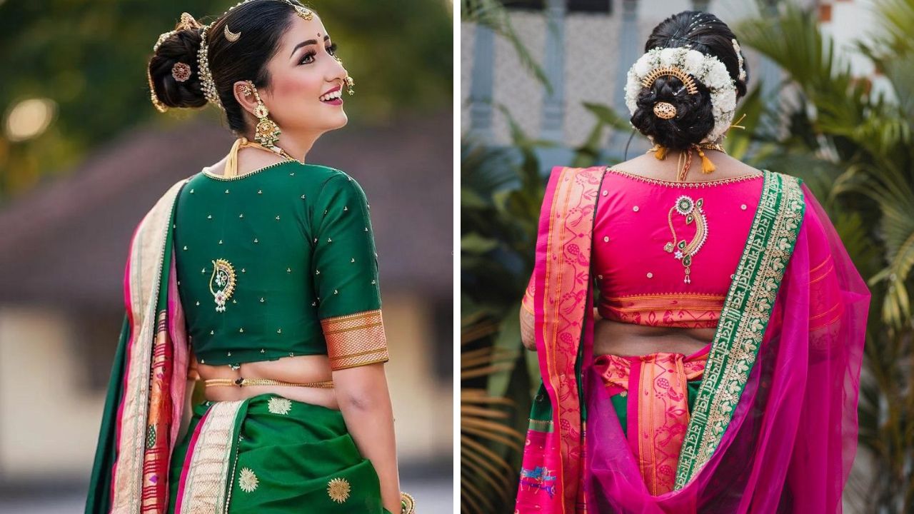 काहींना अतिशय साधे आणि कमी डिझाईन असलेले ब्लाऊज परिधान करायला खूप जास्त आवडतात. अशावेळी ब्लाऊजवर मोत्याची नथ किंवा वेगवेगळ्या दागिन्यांची डिझाईन करू शकता.