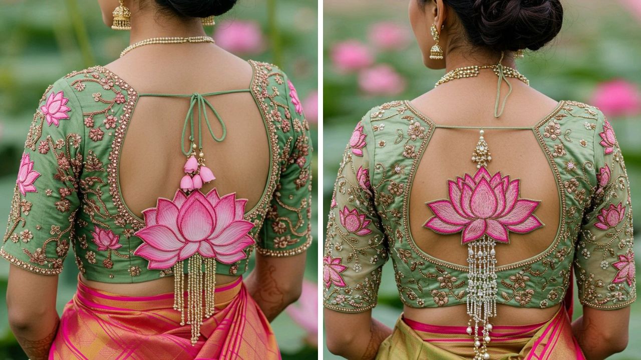 सिल्क किंवा कांजीवरम साडीवर कमळाच्या डिझाईनचे आरी वर्क भरगच्च दिसेल आणि ब्लाऊजला पारंपरिक लुक येईल. यासोबतच ब्लाऊजच्या हातांना सुद्धा आरी वर्क करून घेऊ शकता. 