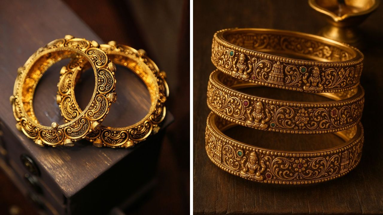 काहींना बांगड्या घालायला खूप जास्त आवडतात. अशावेळी तुम्ही साऊथ इंडियन पॅर्टनमधील कडे आणि मोठे गोठ नक्कीच ट्राय करू शकता नवरीचा लुक आणखीनच खुलून दिसावा म्हणून हिरव्या बांगड्यांमध्ये या डिझाईनचे कडे घालावेत.  