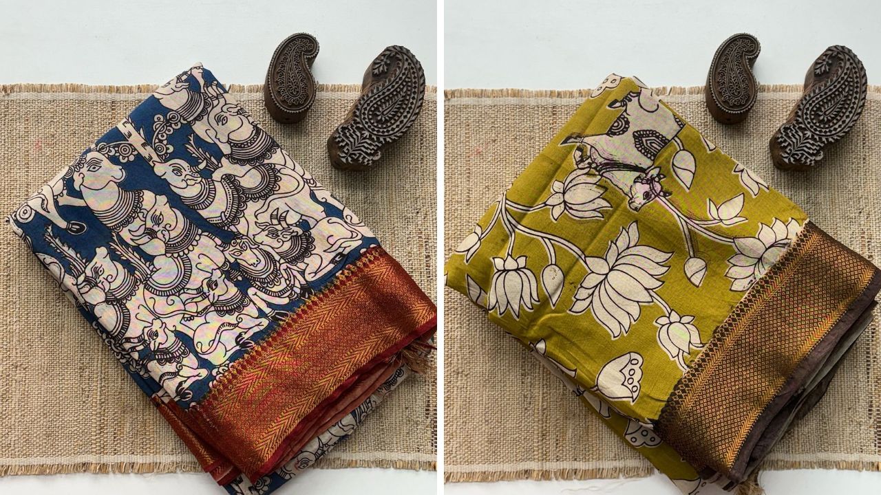 कलमकारी साड्यांमध्ये वनस्पतींपासून बनवलेले रंग वापरले जातात. ज्यामध्ये माती आणि नैसर्गिक सौम्य रंग मिक्स केले जातात.  कलमकारी म्हणजे 