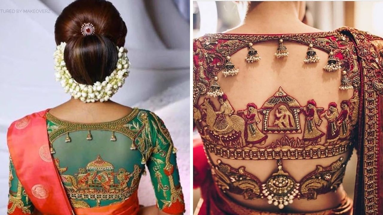 सप्तपदी लूकसाठी तुम्ही कांजीवरम किंवा सिल्क साडीची निवड केल्यास ब्लाऊजवर डोली किंवा कमळ असलेले पॅच लावून घेऊ शकता. यामुळे तुमचा ब्लाऊज भरगच्च दिसेल.