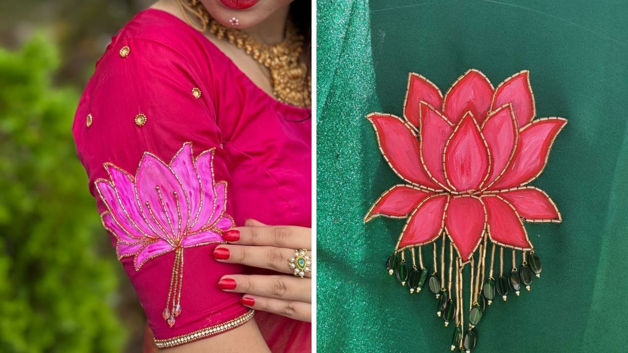 काहींना ब्लाऊज जास्त भरलेले नको असतो. अशावेळी तुम्ही ब्लाऊजच्या हातांना केवळ कमळाचे डिझाईन करून त्यावर स्टोन किंवा बारीक मोत्याचे वर्क करू शकता. 