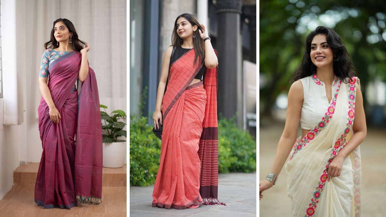 कॉटनच्या साड्या उन्हाळ्यासाठी अतिशय आरामदायी आहेत. त्यामुळे या साड्यांवर तुम्ही बंद गळ्याचे किंवा स्लिव्हलेस ब्लाऊज शिवून घेऊ शकता. कामानिमित्त बाहेर नेसण्यासाठी कॉटनच्या साड्या उत्तम आहेत.