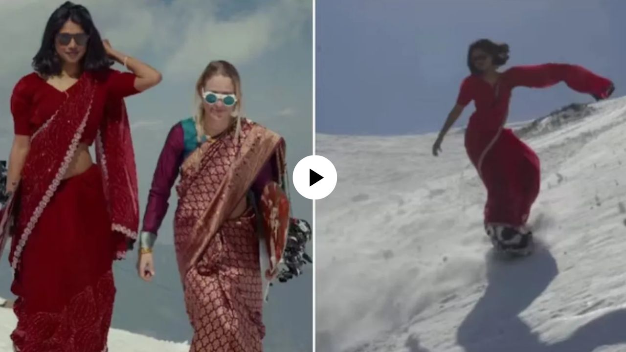 साहसाला सलाम! बर्फाळ टेकड्यांवर साडी नेसून महिलांचे स्नोबोर्डिंग; पाहून नेटकरीही थबकले; Video Viral