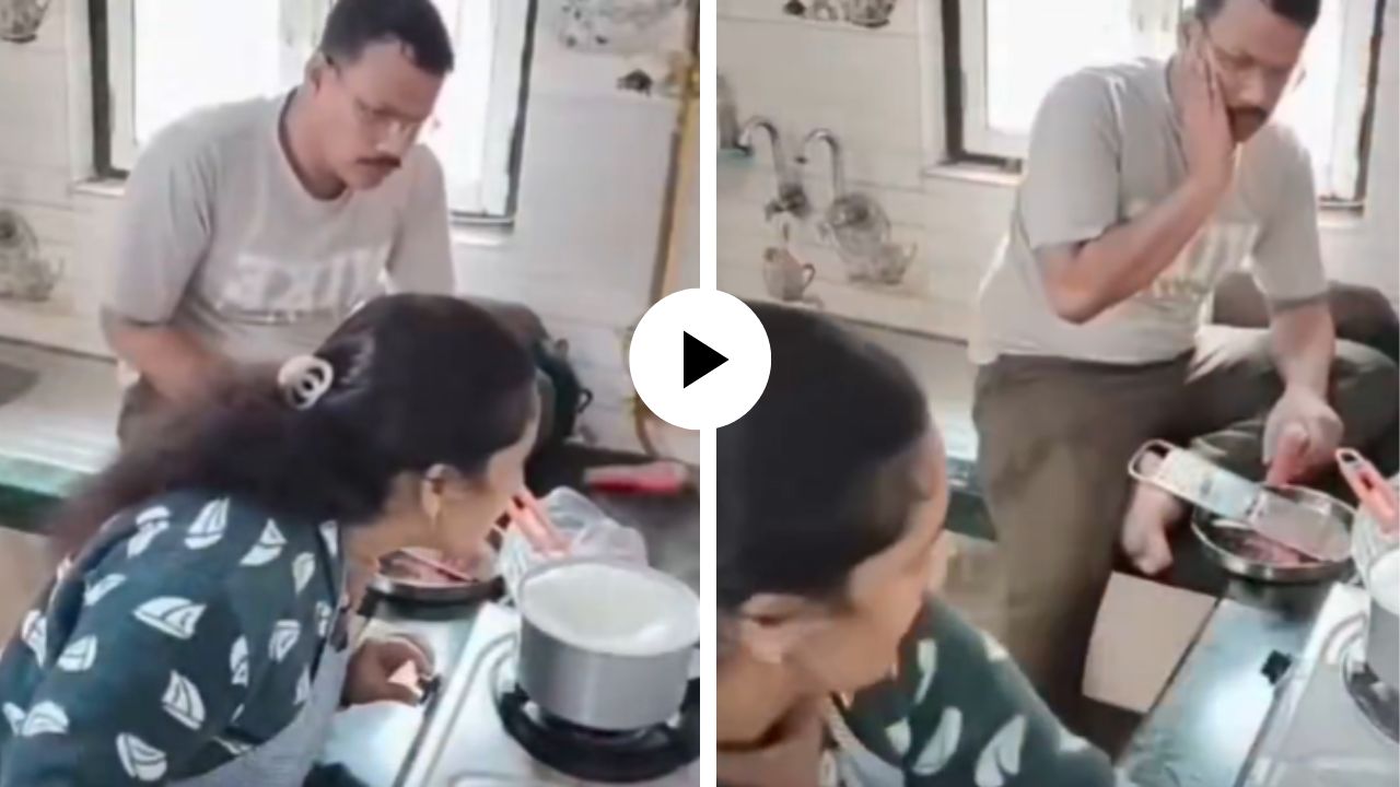 कुछ अच्छा करने जाता हू, कांड हो जाता है! किचनमध्ये पत्नीची मदत करायला गेला अन् कानशिलात खाऊन आला नवरा; Video Viral