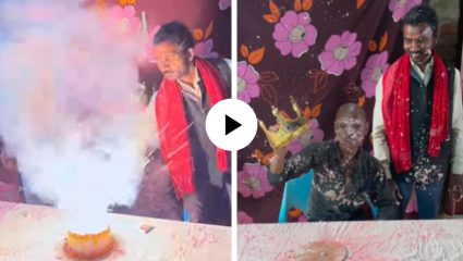 वाढदिवसाचा आनंद क्षणात धुळीला मिळाला! कँडल लावताच उत्सवमूर्तीच्या तोंडावर फुटला बर्थडे केक… Video Viral