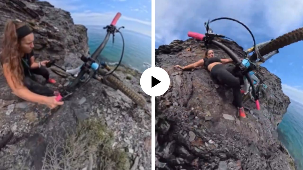 खडकाळ कड्यावर चालवायला घेतली सायकल; तोल केला, खाली पडली अन् Viral Video रोखला सर्वांचा श्वास