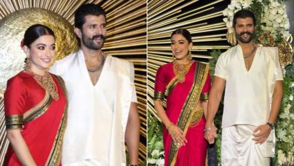 लग्नाच्या रिसेप्शनला पारंपारिक लूकमध्ये चमकली रश्मिका; विजयचीही स्टाईल लक्षवेधी, पाहा Video