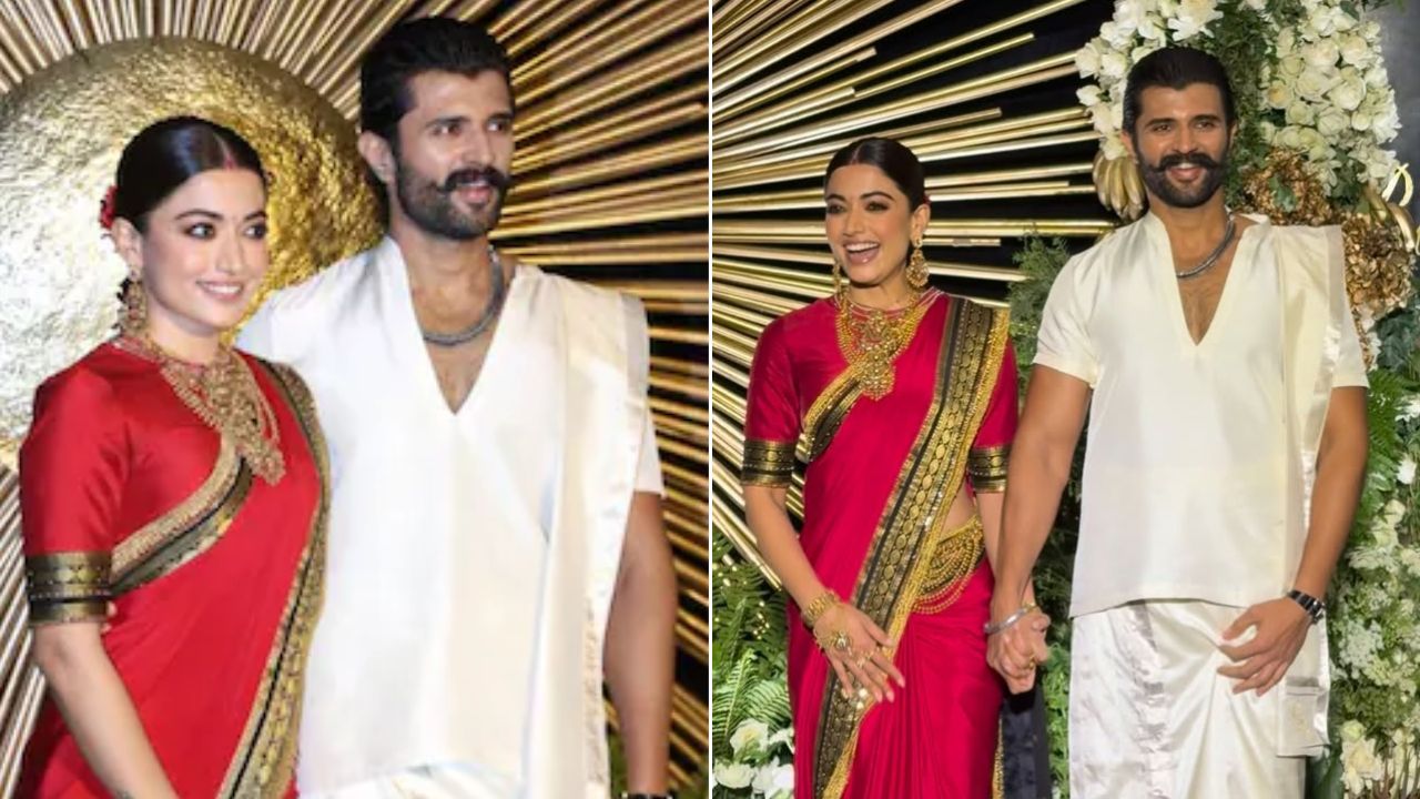 लग्नाच्या रिसेप्शनला पारंपारिक लूकमध्ये चमकली रश्मिका; विजयचीही स्टाईल लक्षवेधी, पाहा Video