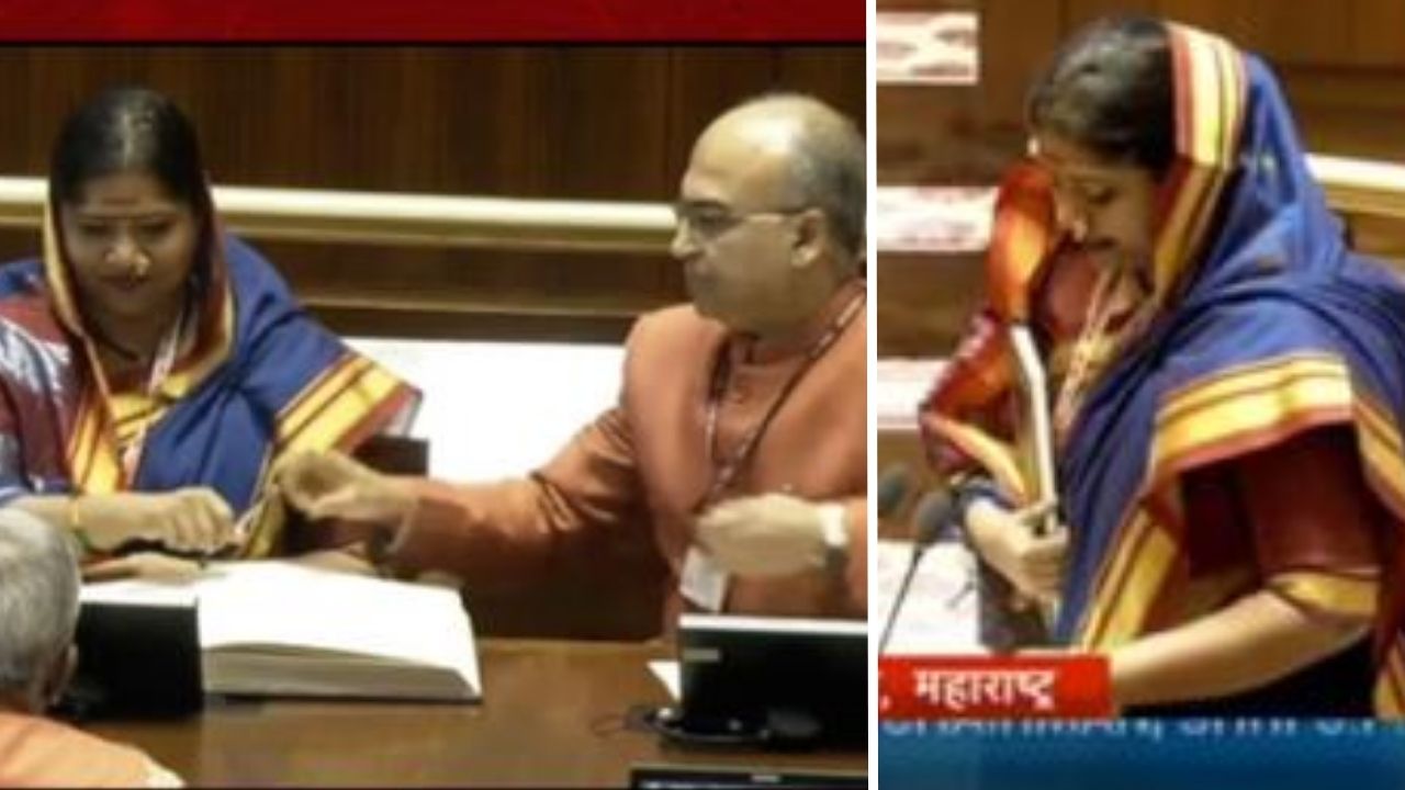 Jyoti Waghmare : डोक्यावर पदर, आडवं कुंकू अन् हातात संविधान; राज्यसभेतील शपथविधीला ज्योती वाघमारेंची सावित्रीमाईंना खास आदरांजली