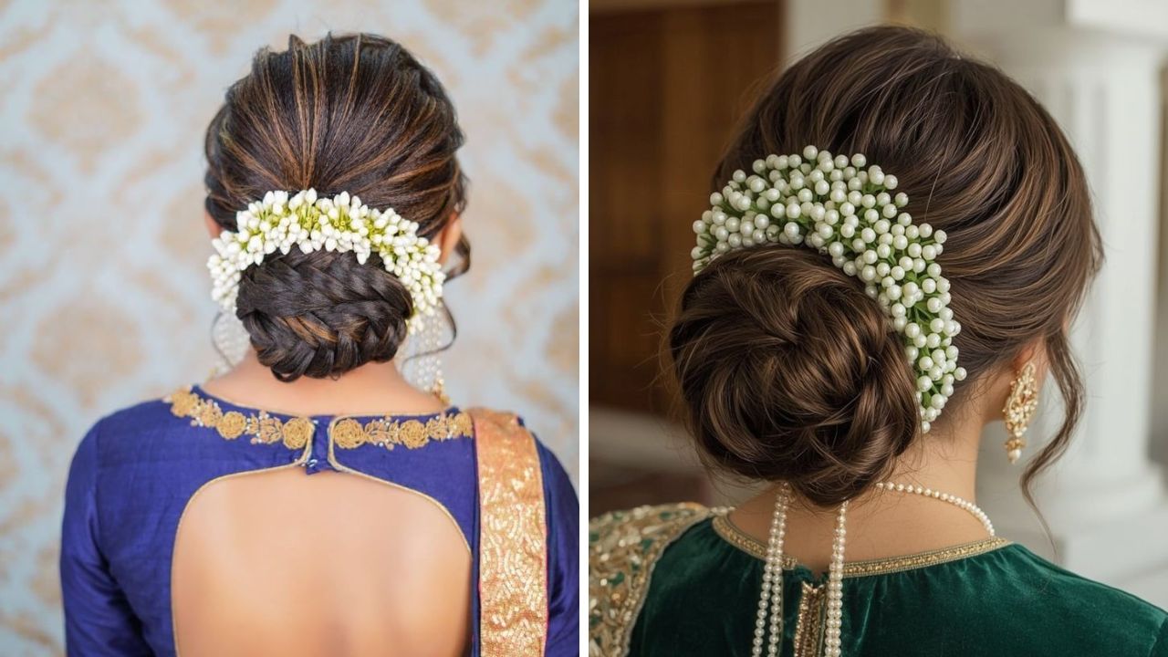 मोगरा आणि चाफ्याच्या फुलांचा गजरा घालायला सगळ्यांचं खूप जास्त आवडतो. त्यामुळे साधा बन करून तुम्ही त्यावर विविध फुलांचे गजरे घालू शकता. 