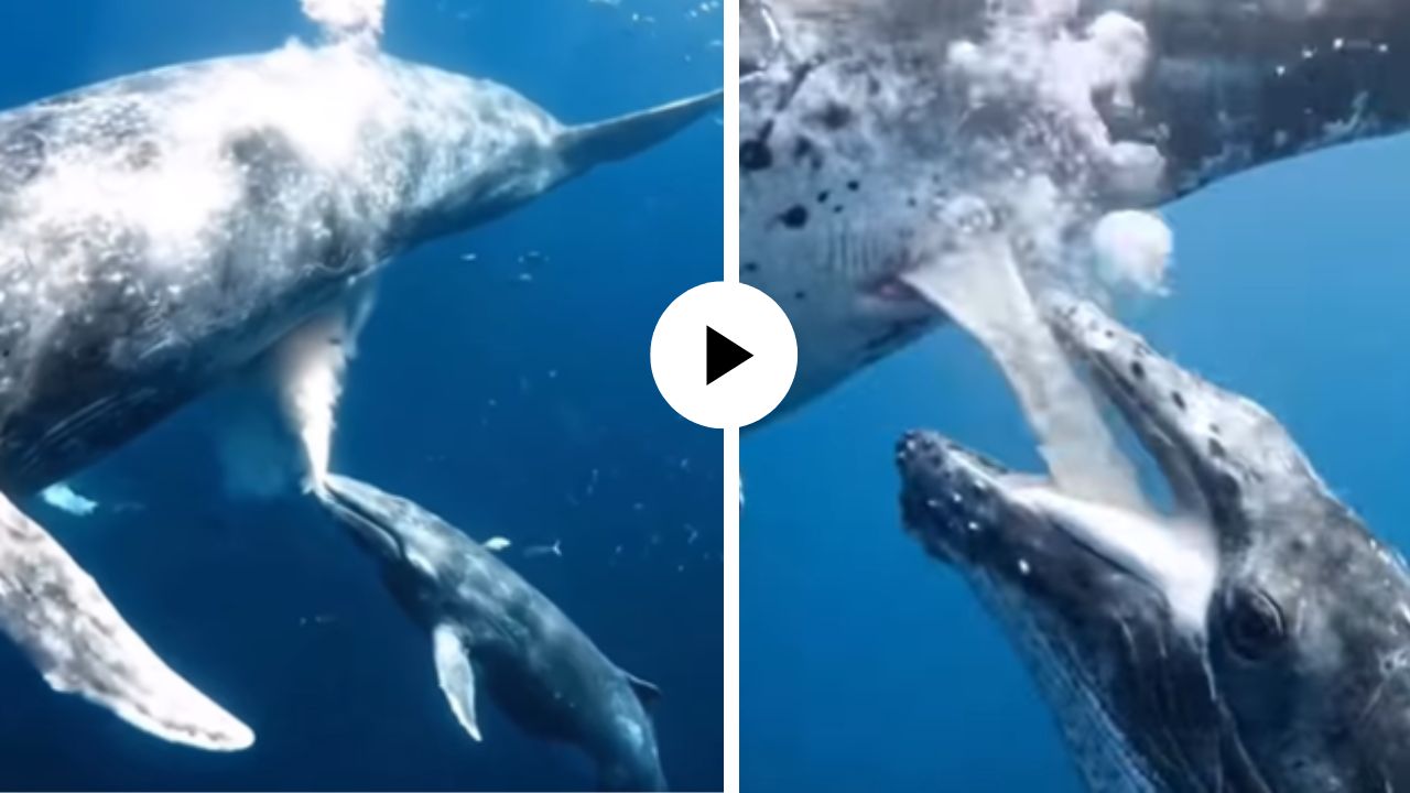 समुद्राच्या गाभाऱ्यातलं दुर्मिळ दृश्य! पाण्याच्या तळाशी मादी व्हेल पिल्लाला दूध पाजताना कॅमेऱ्यात कैद; Video Viral