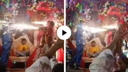 लग्न की गॅंग वॉर? वर-वधूंची स्पार्कल गनने एकमेकांवर फायरिंग; पाहून युजर्सही हादरले, 4 करोड लोकांनी पाहिला Viral Video