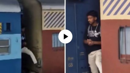 पठ्ठ्याचं थेट मृत्यूला आमंत्रण! रेल्वेच्या दोन डब्यांमध्ये उभे राहून धोकादायक प्रवास, धडकी भरवणारा VIDEO VIRAL