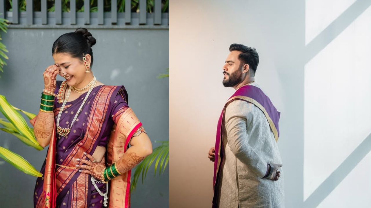 ज्ञानदाने लग्नात विधींच्या वेळी वांगी कलरची साडी नेसली होती. तिच्या साडीला सोनेरी रंगाची जर होती. 