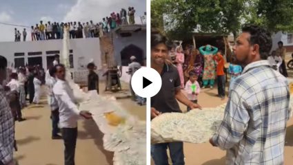 बाईई हा काय प्रकार! छतापासून रस्त्यापर्यंत पसरली वराच्या गळ्यात घातलेली पैशांची माळ, पकडायला लागली डझनभर लोक; Video Viral